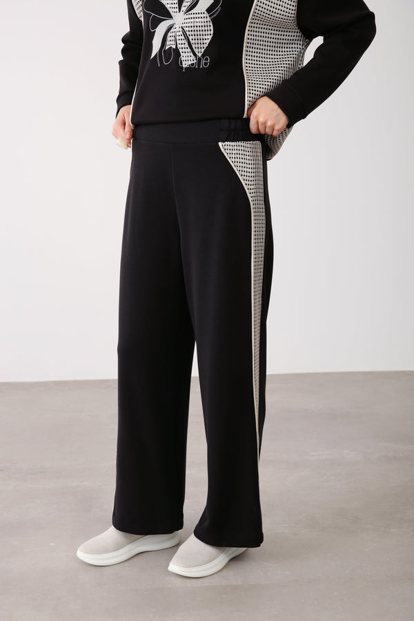 Mesh Detail Sweatshirt with Pants Set – Black - QLISHE