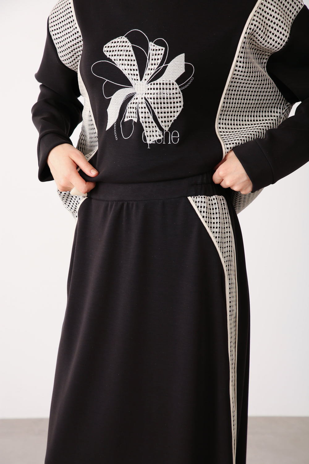 Mesh Panel Contrast Detail Skirt - Black - QLISHE