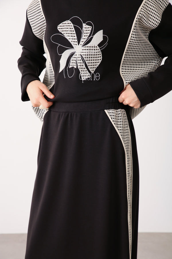 Mesh Panel Contrast Detail Skirt - Black - QLISHE