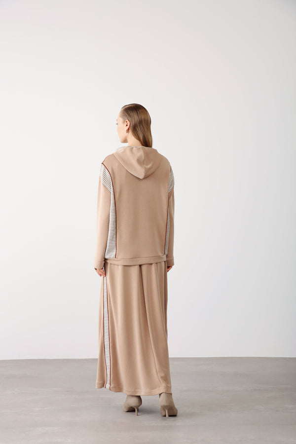 Mesh Panel Contrast Detail Skirt - Ecru - QLISHE