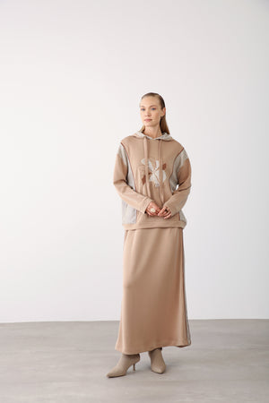 Mesh Panel Contrast Detail Skirt - Ecru - QLISHE