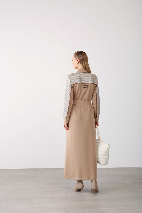 Mesh Pocket Detail Belted Dress - Beige - QLISHE