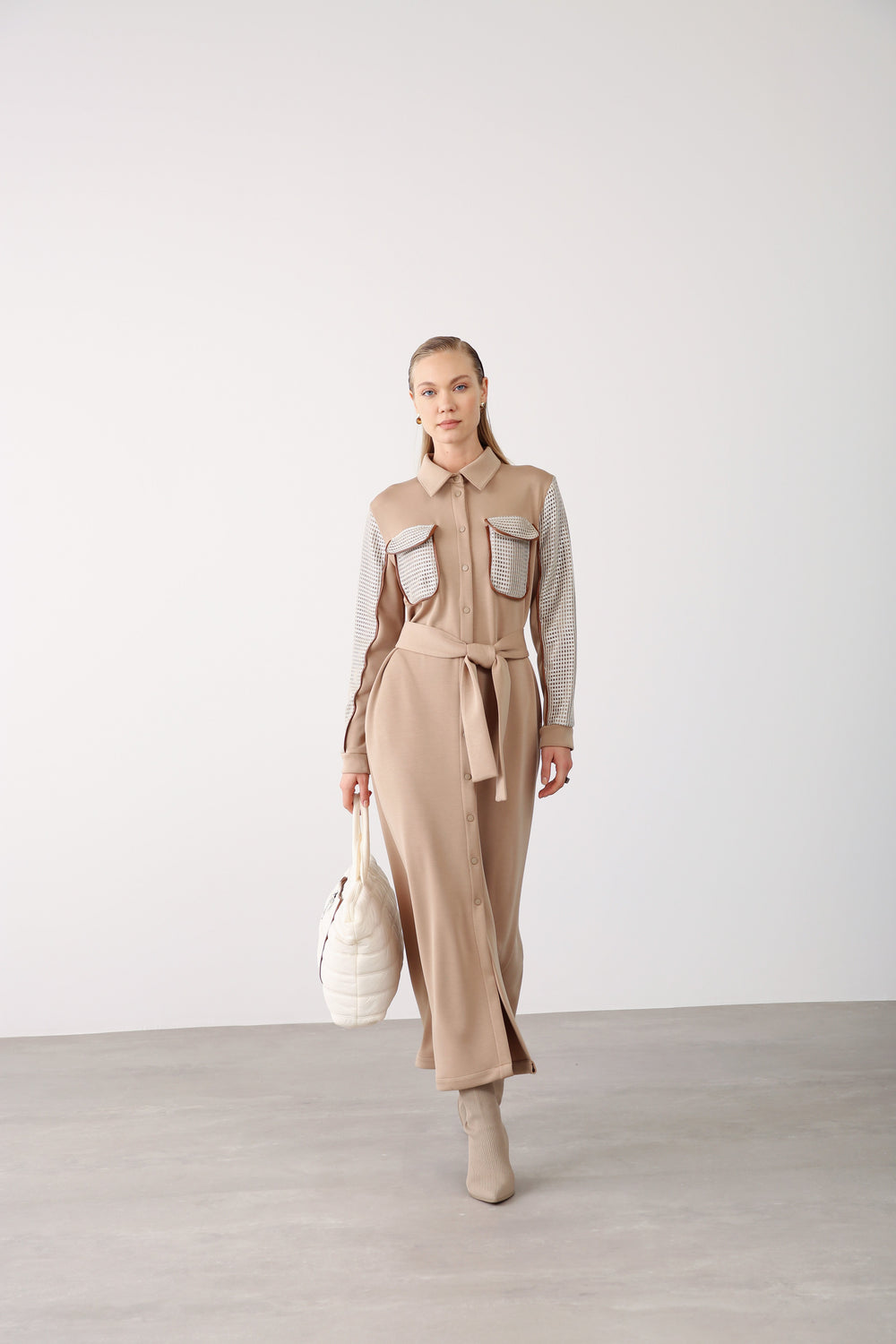 Mesh Pocket Detail Belted Dress - Beige - QLISHE