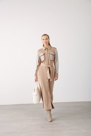 Mesh Pocket Detail Belted Dress - Beige - QLISHE