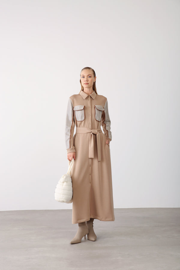 Mesh Pocket Detail Belted Dress - Beige - QLISHE