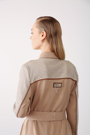 Mesh Pocket Detail Belted Dress - Beige - QLISHE