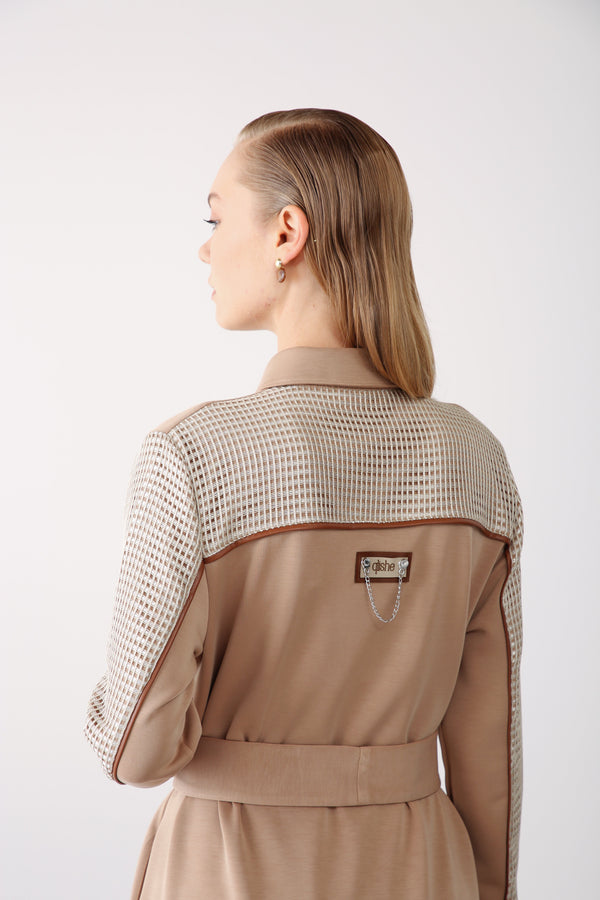 Mesh Pocket Detail Belted Dress - Beige - QLISHE