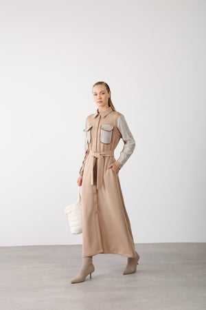Mesh Pocket Detail Belted Dress - Beige - QLISHE