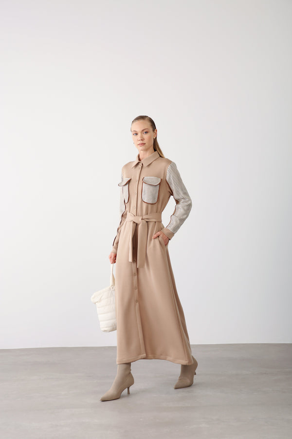 Mesh Pocket Detail Belted Dress - Beige - QLISHE