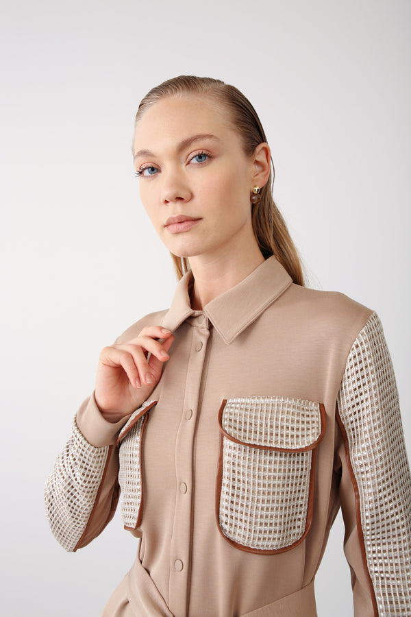Mesh Pocket Detail Belted Dress - Beige - QLISHE