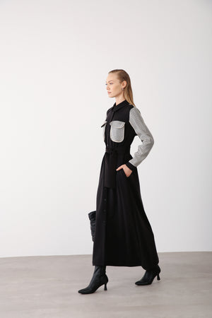 Mesh Pocket Detail Belted Dress - Black - QLISHE