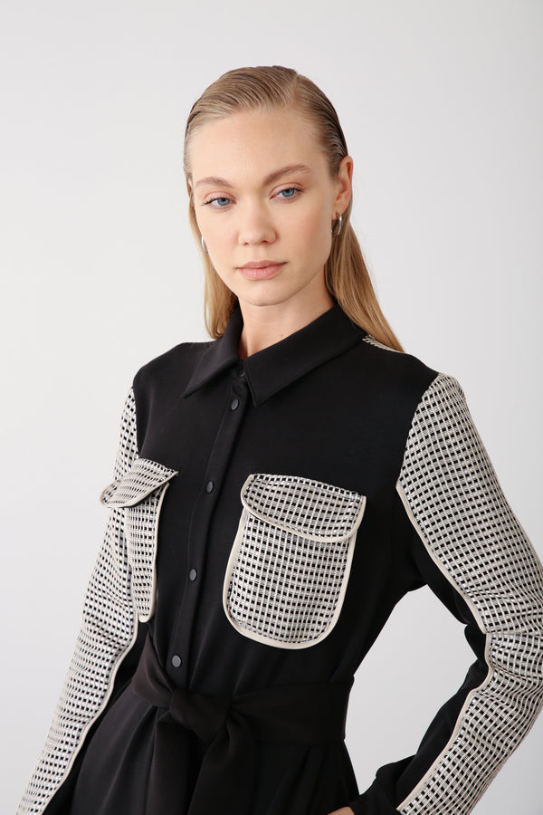 Mesh Pocket Detail Belted Dress - Black - QLISHE