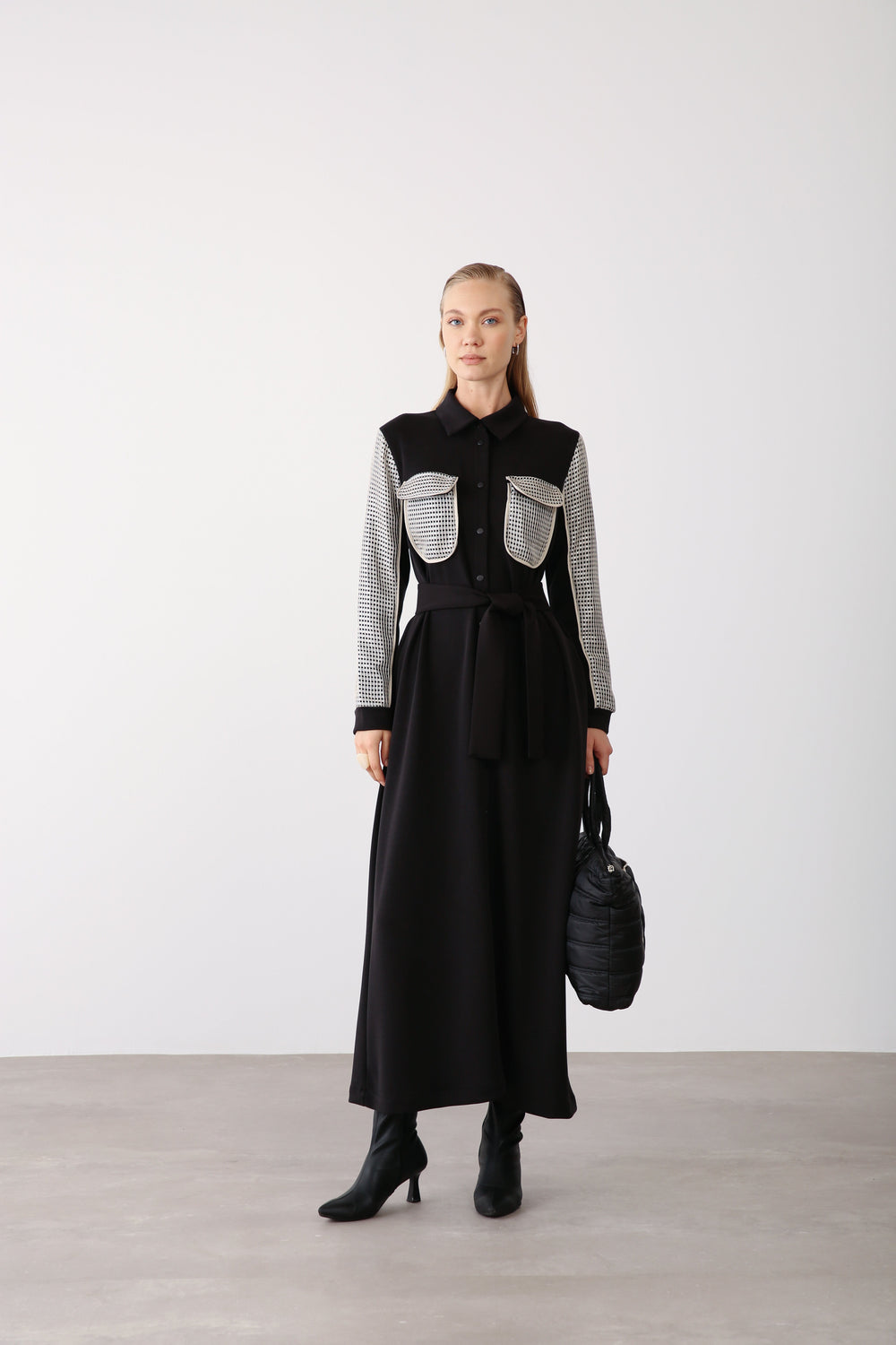 Mesh Pocket Detail Belted Dress - Black - QLISHE