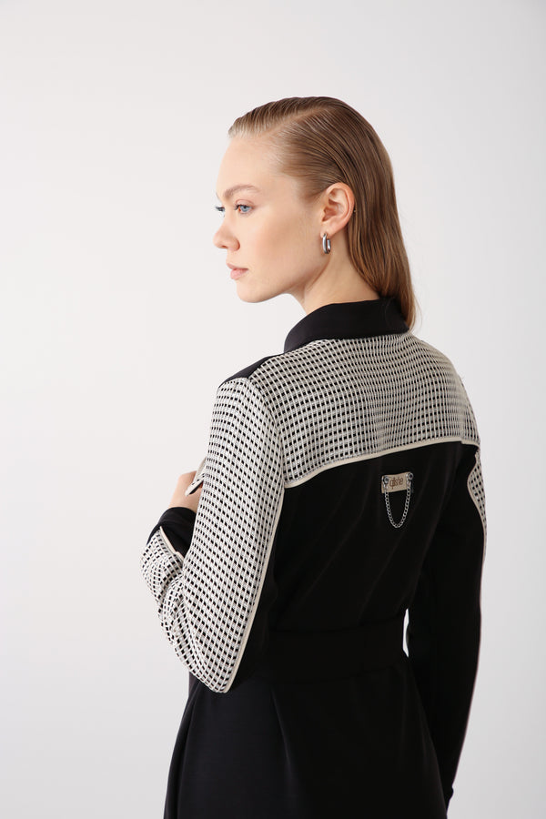 Mesh Pocket Detail Belted Dress - Black - QLISHE