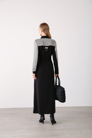 Mesh Pocket Detail Belted Dress - Black - QLISHE