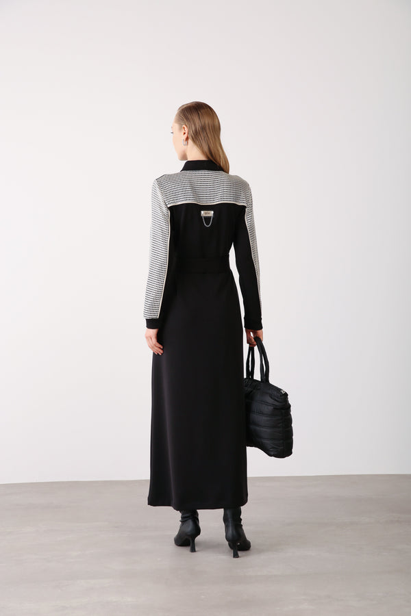 Mesh Pocket Detail Belted Dress - Black - QLISHE