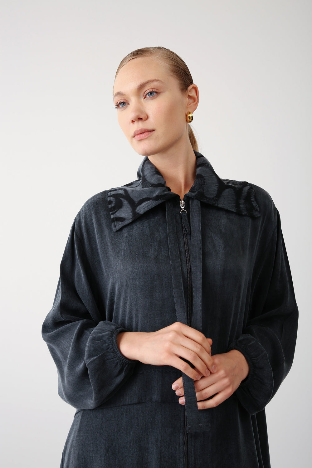 Patterned Collar Jacket and Wide - Leg Pants Set – Black - QLISHE