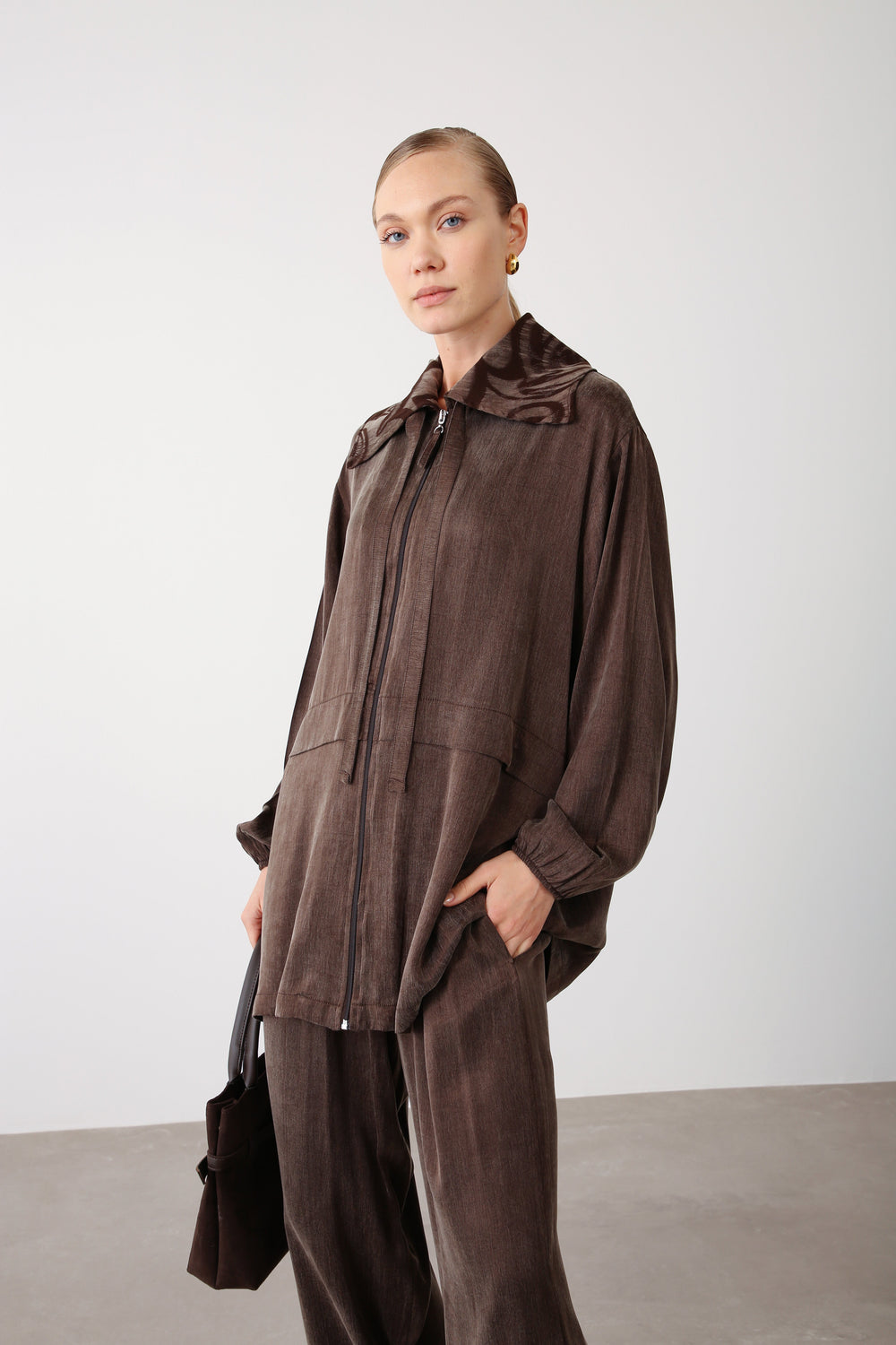 Patterned Collar Jacket and Wide - Leg Pants Set – Brown - QLISHE