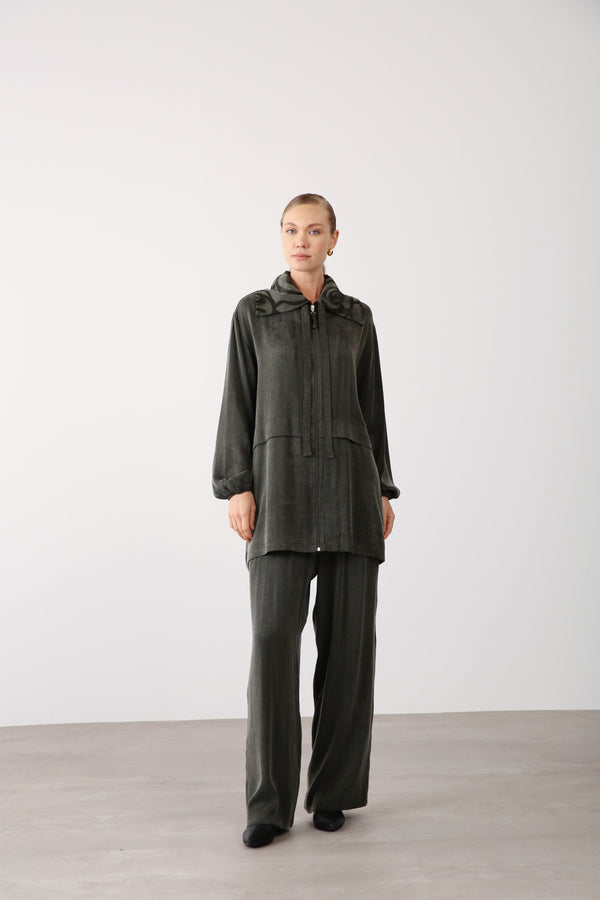 Patterned Collar Jacket and Wide - Leg Pants Set – Khaki - QLISHE