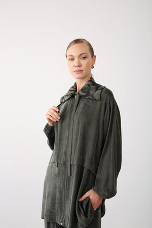 Patterned Collar Jacket and Wide - Leg Pants Set – Khaki - QLISHE