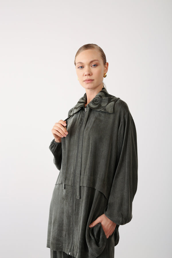 Patterned Collar Jacket and Wide - Leg Pants Set – Khaki - QLISHE