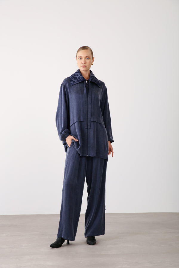 Patterned Collar Jacket and Wide - Leg Pants Set – Navy - QLISHE