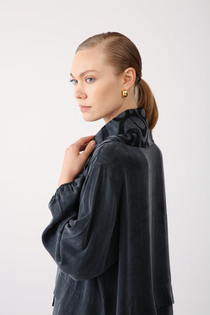 Patterned Collar Zippered Jacket - Black - QLISHE