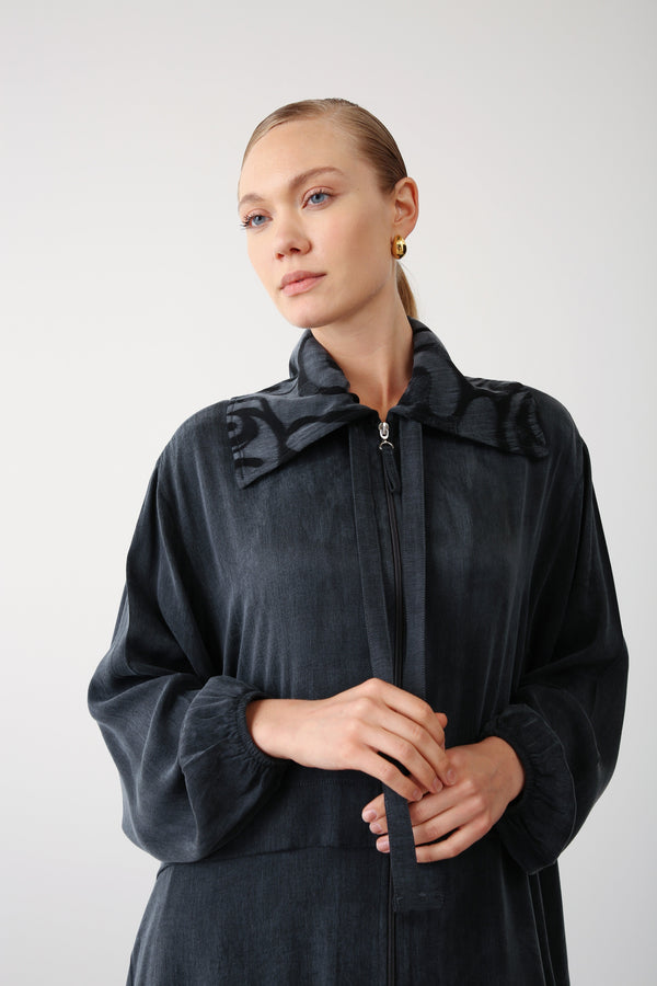 Patterned Collar Zippered Jacket - Black - QLISHE