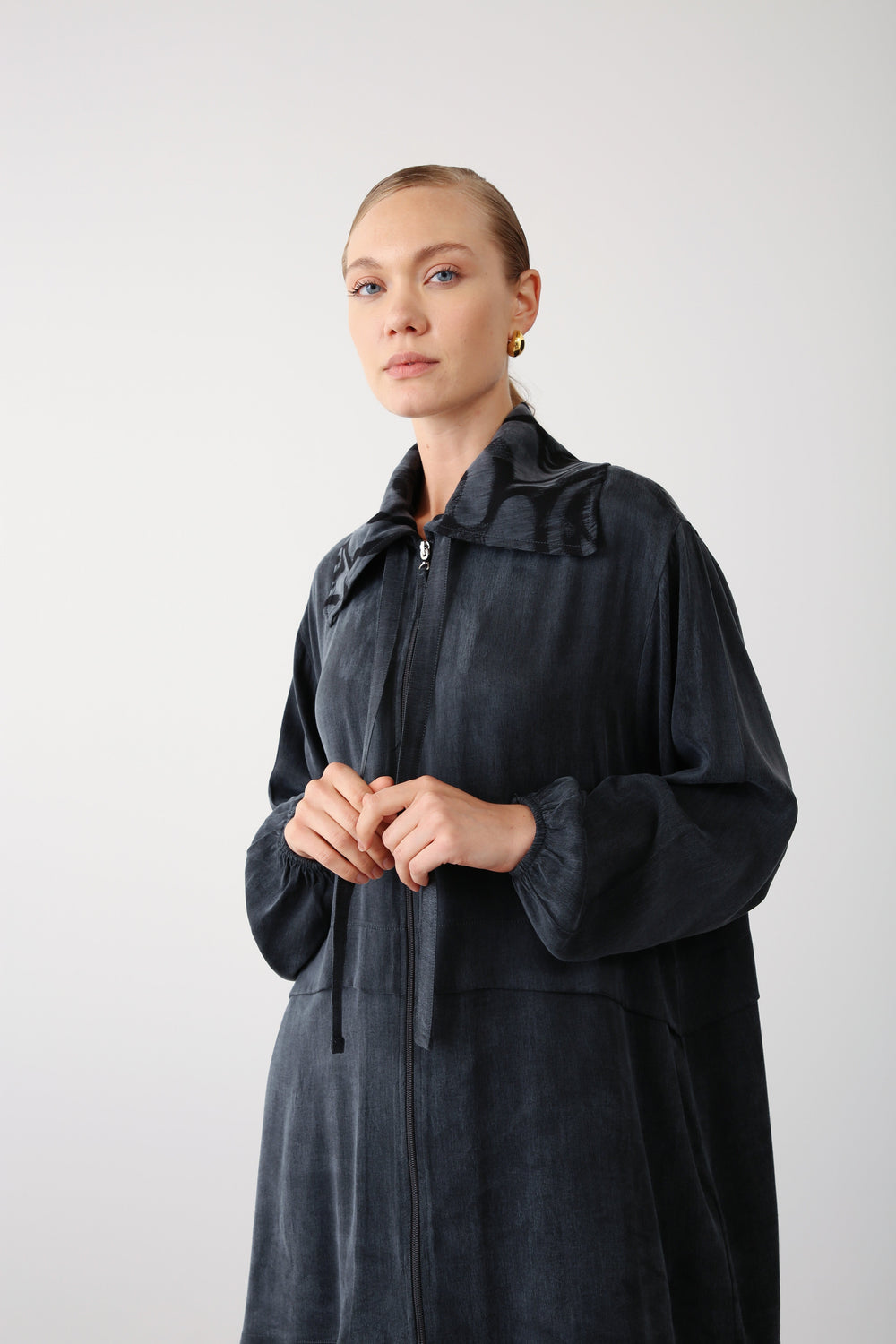 Patterned Collar Zippered Jacket - Black - QLISHE