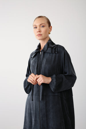 Patterned Collar Zippered Jacket - Black - QLISHE