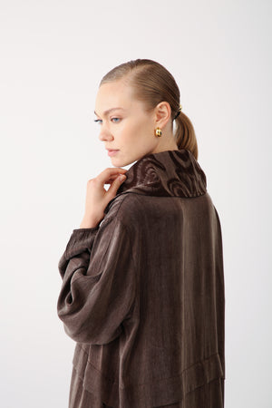 Patterned Collar Zippered Jacket - Brown - QLISHE