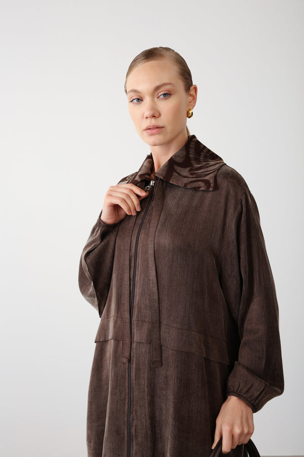 Patterned Collar Zippered Jacket - Brown - QLISHE