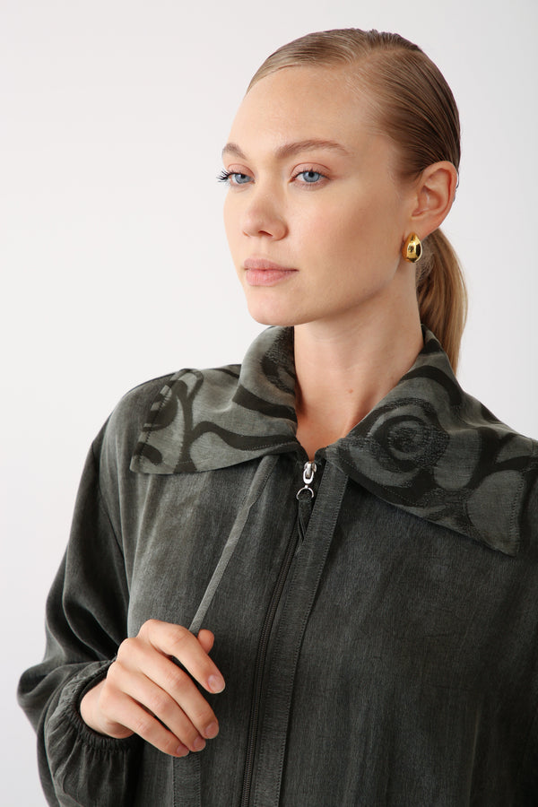 Patterned Collar Zippered Jacket - Khaki - QLISHE