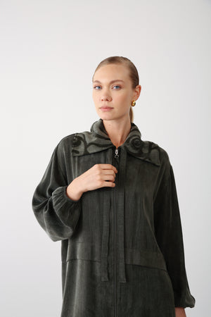 Patterned Collar Zippered Jacket - Khaki - QLISHE