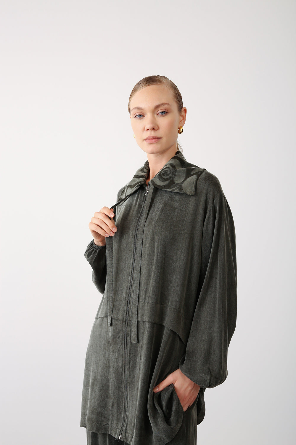 Patterned Collar Zippered Jacket - Khaki - QLISHE