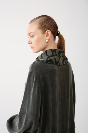 Patterned Collar Zippered Jacket - Khaki - QLISHE