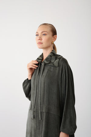 Patterned Collar Zippered Jacket - Khaki - QLISHE