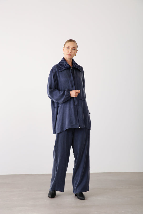 Patterned Collar Zippered Jacket - Navy - QLISHE