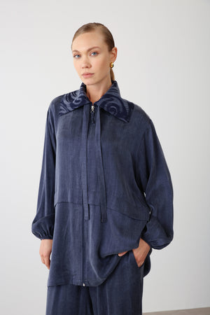 Patterned Collar Zippered Jacket - Navy - QLISHE