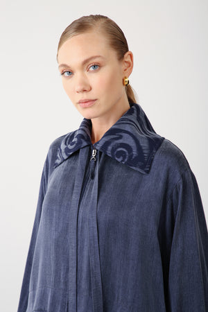 Patterned Collar Zippered Jacket - Navy - QLISHE