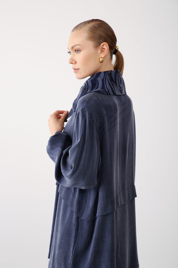 Patterned Collar Zippered Jacket - Navy - QLISHE