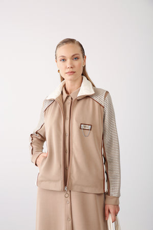 Quilted Panel Chain Detailed Vest - Beige - QLISHE