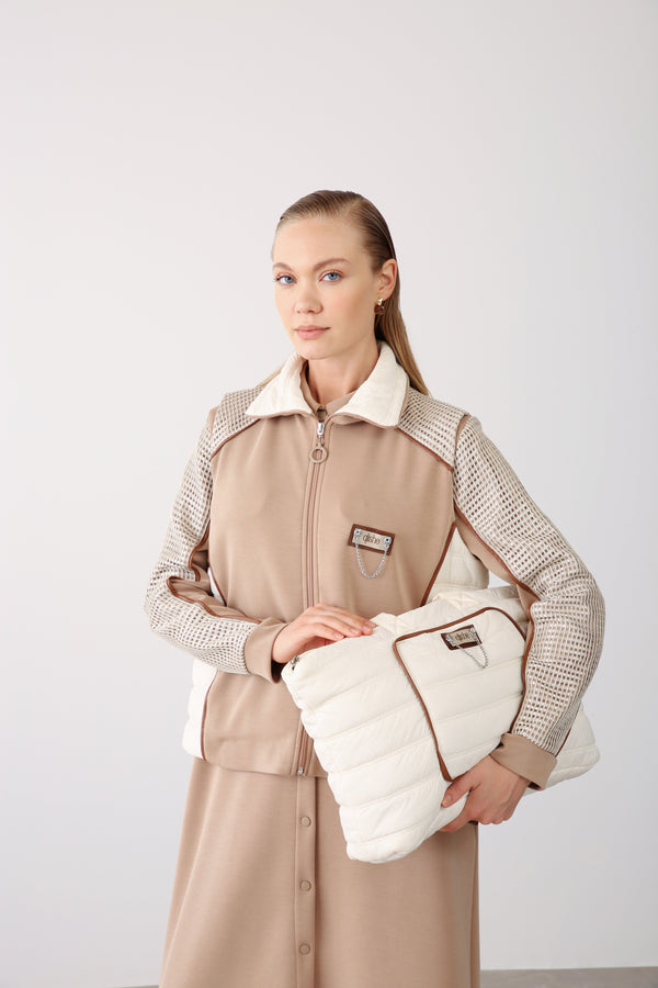 Quilted Panel Chain Detailed Vest - Beige - QLISHE