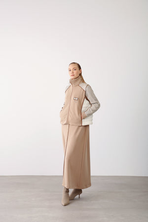 Quilted Panel Chain Detailed Vest - Beige - QLISHE