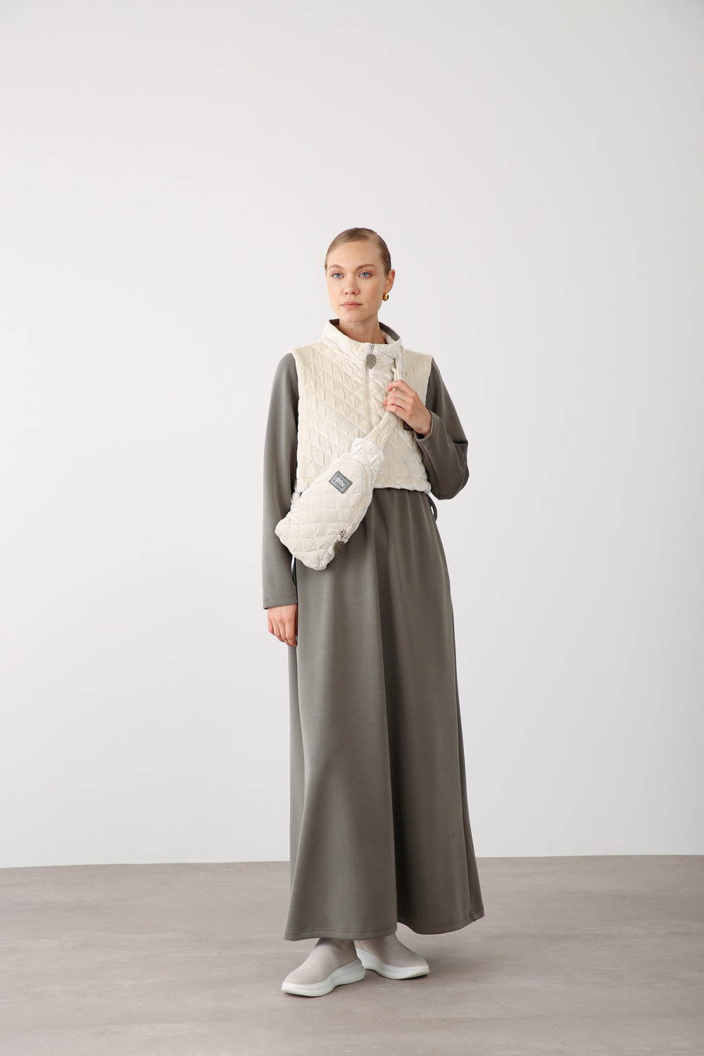 Quilted Vest Detail Dress – Khaki - QLISHE