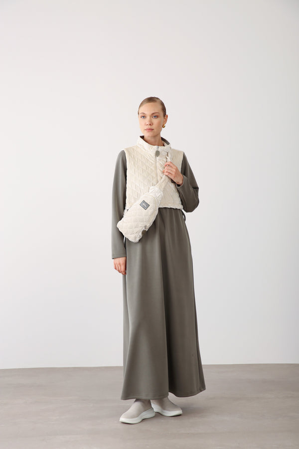 Quilted Vest Detail Dress – Khaki - QLISHE