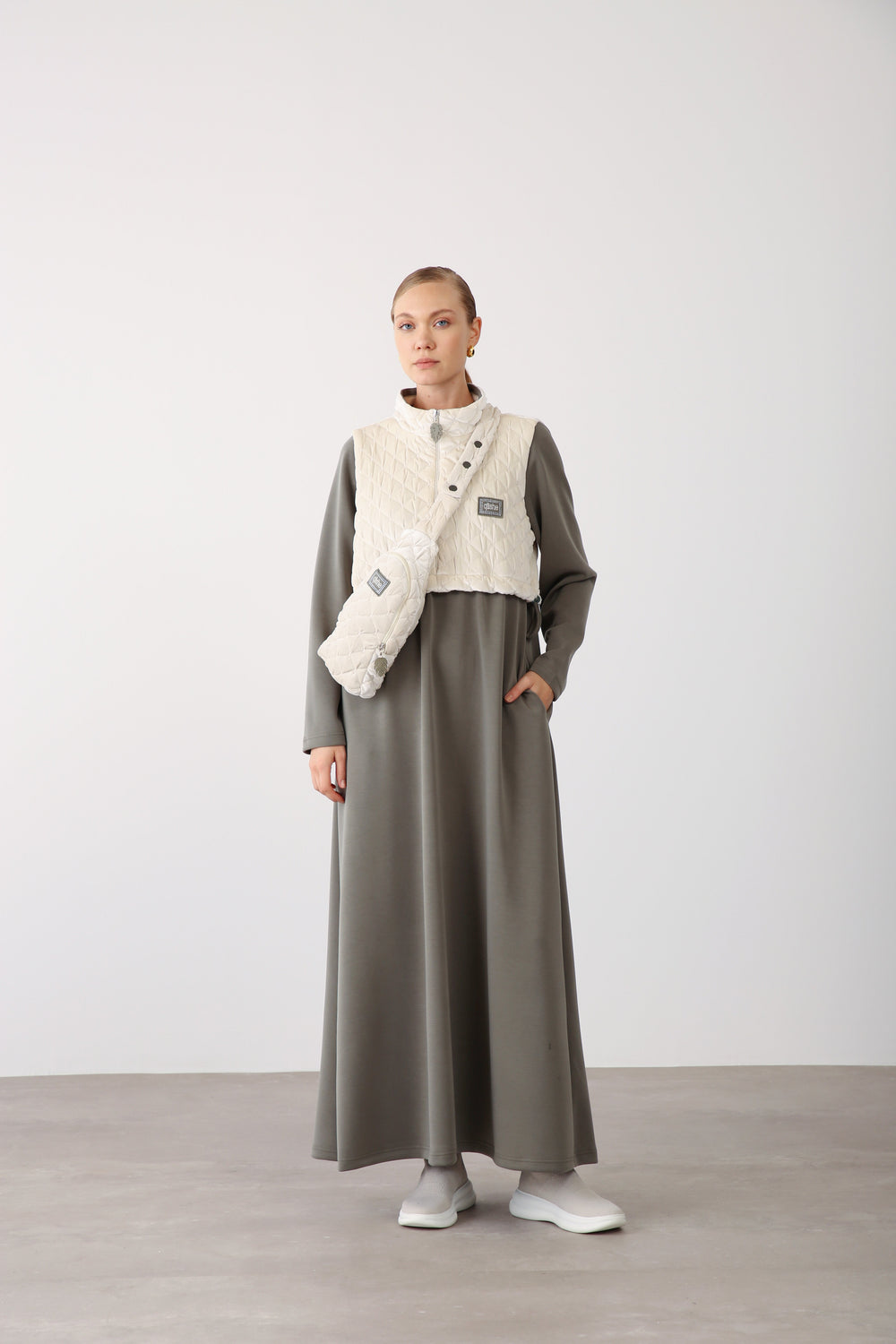 Quilted Vest Detail Dress – Khaki - QLISHE