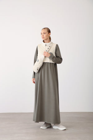 Quilted Vest Detail Dress – Khaki - QLISHE