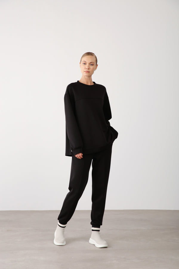 Ribbed Hem Pants - Black - QLISHE