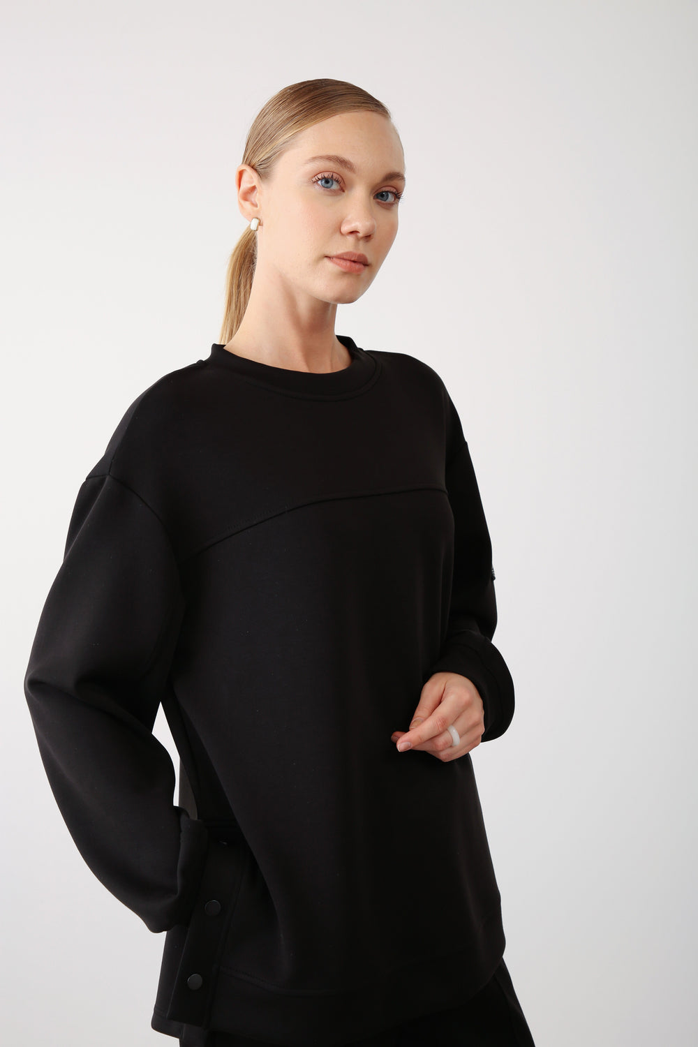 Side Snap Button Detail Sweatshirt - Black - QLISHE